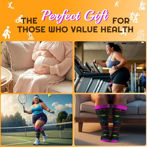 Image of Plus Size Compression Socks for Women & Men 3 Pairs, Wide Calf Extra Large 20-30 mmHg Knee High Support Socks for Travel, Running, Nurse