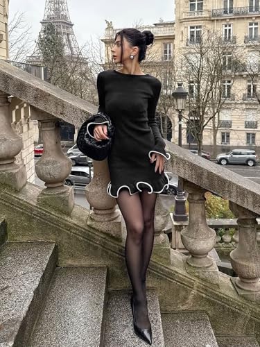Image of Cicy Bell Womens Ruffle Long Sleeve Mini Dress Bodycon Boat Neck Ribbed Knit Sweater Dresses Elegant Outfits