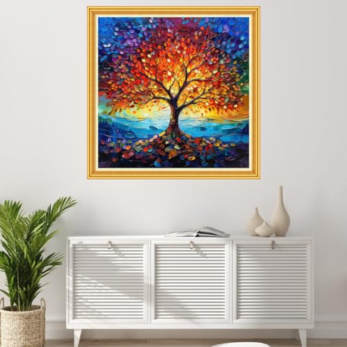 Image of Joyhoor Stamped Cross Stitch Kits for Beginners Needlepoint Kits for Adults Embroidery Kits 11CT Counted Cross Stitch Kits Printed Embroidery Pattern-Colorful Tree 18x18 inch