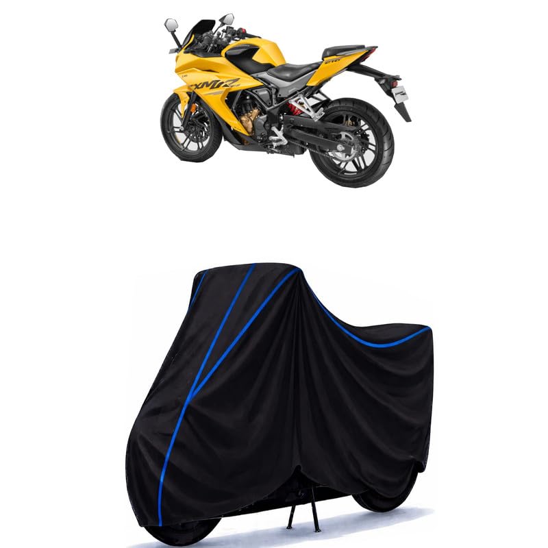 Image of Hero Karizma 210 Bike Cover Water Resistant Universal Motorcycle Rain | Heavy Duty UV Protection, Dust, Scratch Indoor Outdoor All Weather with Black Blue Piping Elastic
