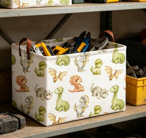 Image of Rectangle Storage Basket with Handles,Collapsible Storage Bin,Books Box,Gift Basket(Watercolor Dinosaur)
