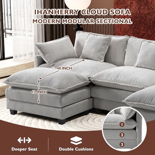 Image of Ihanherry 111.4 inch U Shaped Modern Cloud Sofa Modular Sectional Couch with 2 Ottoman, 5-Seat Chenille Deep Seat Sofa with Pillow for Living Room, Bedroom and Apartment, Grey