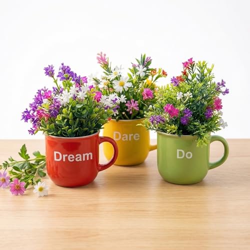 Image of Dekorly Wall Hanging Mug Planters with Artificial Flowers (20CM) - Decorative Hanging Cups, Colorful Floral Wall Decor for Living Room Bedroom Balcony Office Gift Set (3, Dream Dare Do)