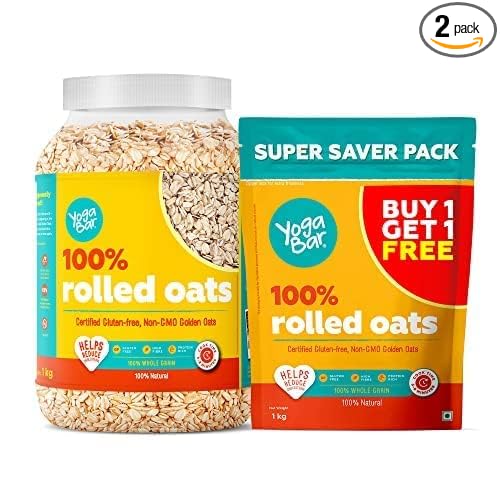 Yogabar 100% Rolled Oats 1kg (Buy 1 Get 1 FREE) | Premium Golden Rolled Oats, Gluten Free Oats with High Fibre (Rolled Oats 1 Kg Each)