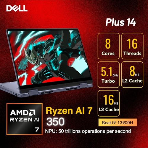 Image of Dell 14 Plus 2-in-1 AI Laptop, 14 inch 2K Touchscreen, AMD Ryzen AI 7 350(>i9-13900H), Copilot+ PC, Backlit Keyboard, Fingerprint, 1080p Webcam, Wi-Fi 7, Windows 11 Pro, Blue(16GB DDR5 RAM | 2TB SSD)
