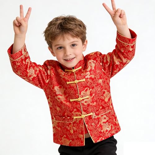 Little Boys Dragon Tang Coat Long Sleeve Chinese Clothing Children Costumes Boy Jackets Outfit Tops (Red, 16) - Thumbnail 7