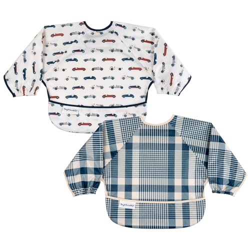 Image of Tiny Twinkle Long Sleeve Bib for Babies & Toddlers | 2-Pack Waterproof Smock Bib for Eating | Machine Washable & Mess-Proof Feeding Essentials | Newborn Shower Gift(Vintage Cars, Gingham, 6-24M)