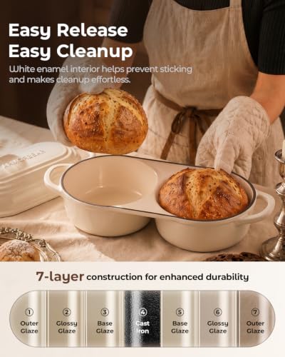 Image of Mini Double Dutch Oven for Sourdough, Enameled Cast Iron Bread Pan, White | Double Loaf Bread Pan with Lid, Mini Sourdough Dutch Oven for Bread Baking