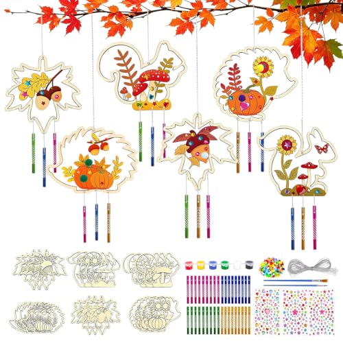 18 Piezas Kit de Manualidades de Otoño para Niños, Juego de Carillones de Viento de Madera, Campanillas de Viento Madera para Pintar, Manualidades Madera Niños para Decoración Otoño