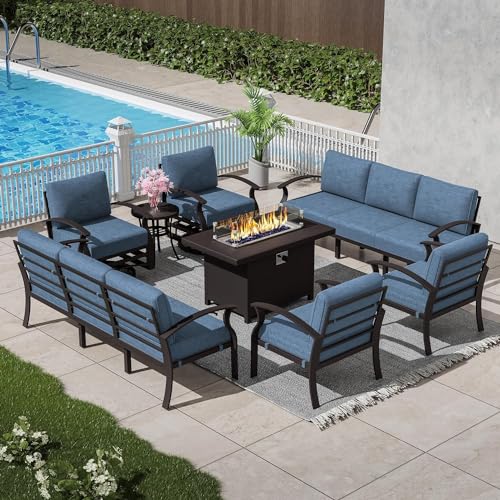 Image of Patio Furniture Set 10 Seats Aluminum Armrest Sofa, Modern Outdoor Living Room Set with 55000 BTU Propane Aluminum Fireplace, Outdoor Rotary Joystick with Thick Cushion