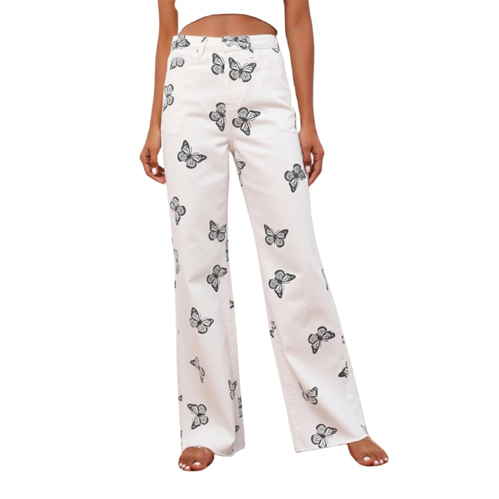 Pantalones Anchos Blancos Informales Sueltos, Pantalones Largos, Jeans Tipo Fregona De Pierna Recta con Mariposas