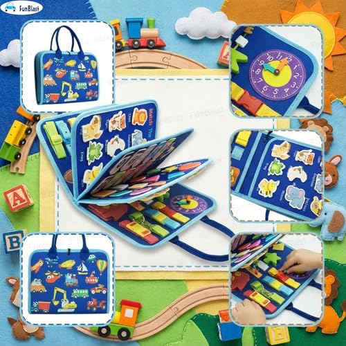 Image of FunBlast Busy Book for Toddlers Binder Board - Montessori Busy Board for Kids, Cartoon Design Learning Activity Toy for Toddlers, Educational & Early Learning Toys for Kids, Toddler (Vehicles)