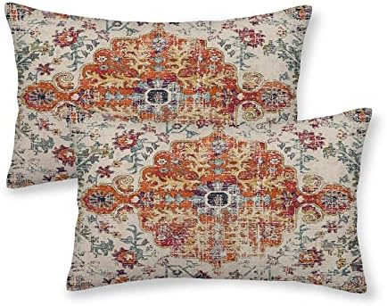 Boho Pillow Covers 12x20 Inch Set of 2,Carpet Pattern Throw Pillows Case,Burnt Orange Yellow Ethnic Design Outdoor Decorative Lumbar Linen Farmhouse Decor Cushion Covers for Home Sofa Bed Couch