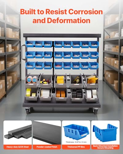 Image of VEVOR 5-Tier Double-Sided Rolling Bin Storage Rack, 68 Plastic Bins, Dual-Sided Parts Organizer with Wheels, Mobile Tool Organizer for Garage, Warehouse, Office, Restaurant, Classroom, Kitchen
