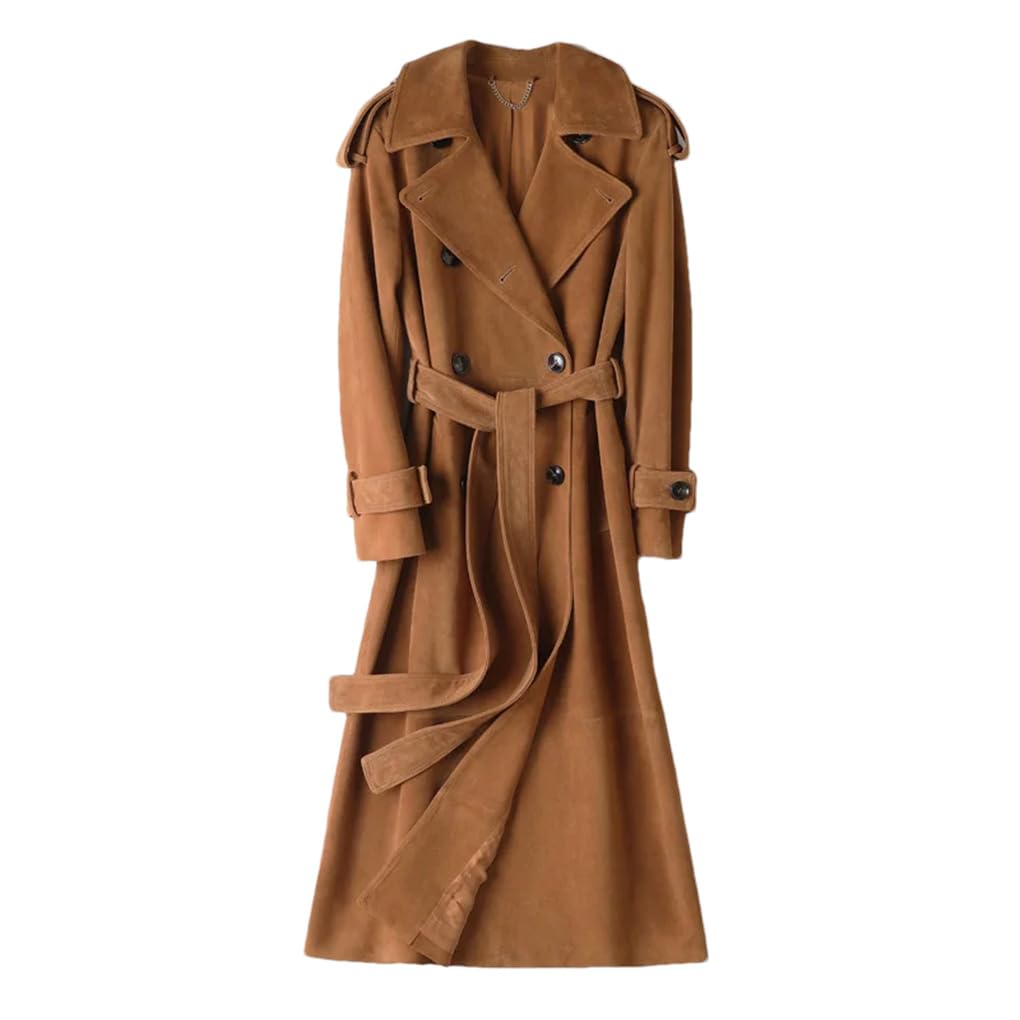 Womens Lapel Double Breasted Long Sleeved Trench Coat Solid Color Retro Casual Loose Waist Long Sleeved Trench Coat