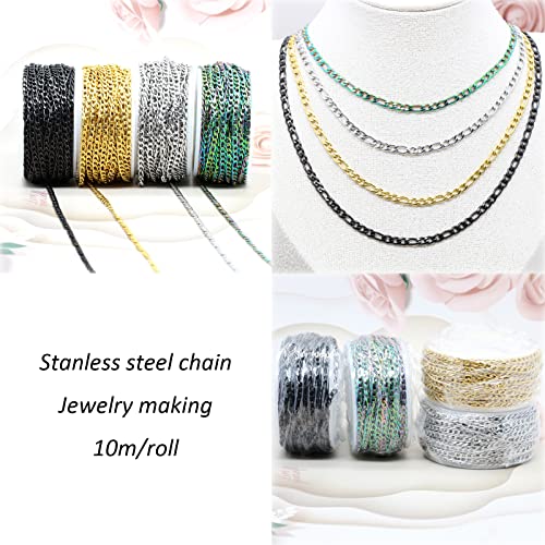 Suyan 32.8 Feet/Roll Stainless Steel Figaro Chains Link Cable Unsoldered Flat Chains, Bulk Jewelry Chain For Making Men Women Necklace Bracelet,Diy Chain Width 0.12 Inch (Black) #TOP4