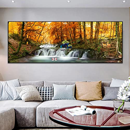 Cuadro de cisnes y cascada estilo chino para pared lienzo salon 45x130cm 2