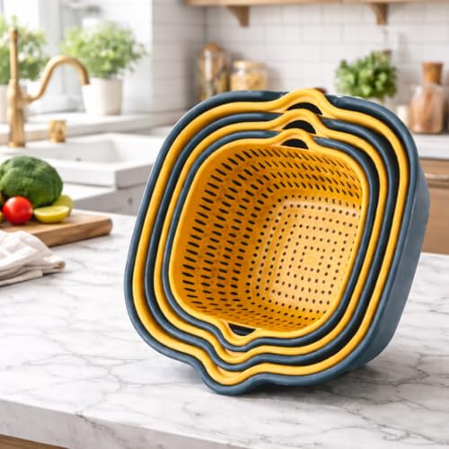 Image of 6-Piece Nesting Colander Basket Set - Space-Saving Square Plastic Strainers for Kitchen Use - Multi-Size Drain Baskets for Washing Fruits, Vegetables, Pasta - BPA-Free (Blue & Yellow)