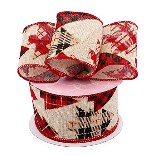 Image of Plaid Christmas Tree Wired Ribbon - 2 1 /2 inch x 10 Yards, Garland, Gifts, Wrapping, Wreath, Bows, Presents, Fundraiser, Boxing Day, Classroom, Office, Arts and Crafts