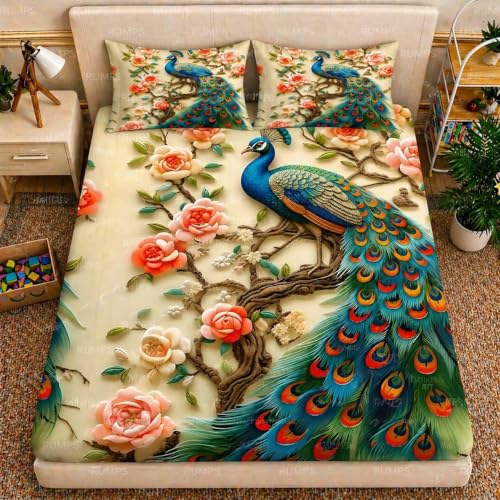 Image of RUMPS 3D Digital Printed Double Bedsheet Flat | Premium Knitted Cotton MicroFabric 90x100 Inch Bed Sheet with 2 Pillow Covers, Cute Cartoon Blue Bird (7D Digital RED)