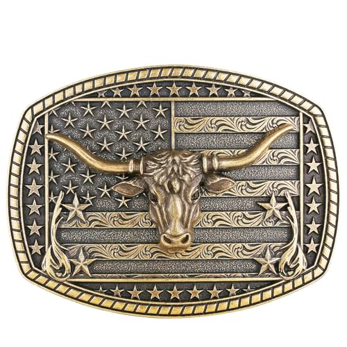Image of HUABOLA CALYN Long Horn Bull Belt Buckles for Men Women American Flag Texas Star Belt Buckles
