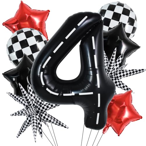 Image of TONIFUL Race Car Party Balloons Set - 40 Inch Racetrack Number 4 Foil Balloon with Checkered & Star Balloons for Boys 4th Birthday Car Themed Decorations, Baby Shower Photo Backdrop Supplies