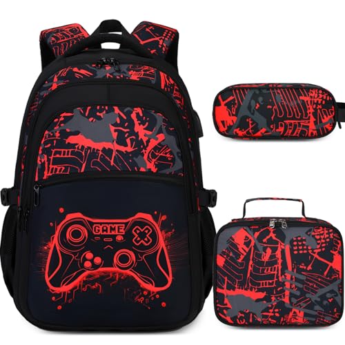 DIGOBAY Boys Backpack for School 3PCS Cool Luminous Gamer Backpack for Boys with Lunch Box Pencil Case Kids Backpacks Bookbag for Teen Boy Elementary Middle High School with USB Charging Port