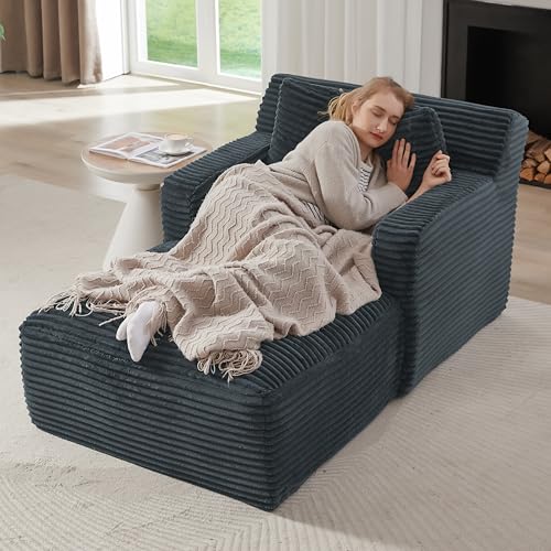 Image of KEIKI 65.4 inch Modern Chaise Lounge Sofa, Deep Seat Corduroy Upholstered Sleeper Chair for Living Room Office Apartment, No Assembly Single Lounger Couch for Gaming, Napping & Small Spaces