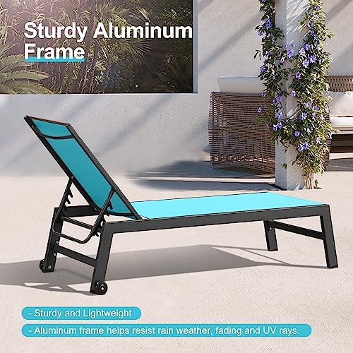 Image of PURPLE LEAF Patio Chaise Lounge Set 4 Pieces Aluminum Outdoor Lounge Chairs with Wheels and Side Table Sunbathing Recliner Turquoise Blue
