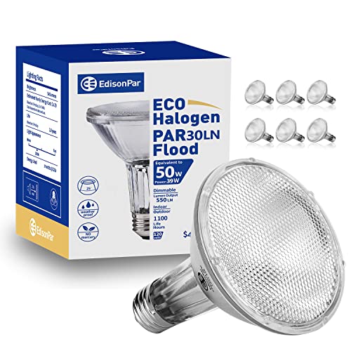 Edisonpar Par30 Eco Halogne Bulb 6 Pack 50W Equivalent Long Neck, 25 Degree Flood Light Dimmable E26 Base, 2900K 520Lm Cri100 120V Indoor Outdoor Par30Ln #TOP2