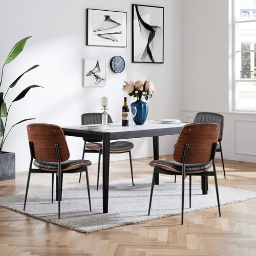 LUNLING Dining Chairs Set of Mid Century Modern Retro Faux Leather Chairs  with Walnut Bentwood Upholstered Seat Metal Legs Adjustable Foot