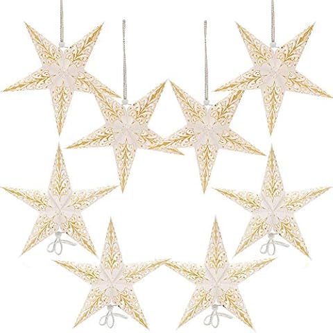 Paper Star Lantern Lampshade Hanging Christmas Xmas Day Decoration for LED Light Wedding Birthday Party Home Decor 8 Pcs 28cm Hollow Out Design (Lights not Included) (White with Gold) Cover