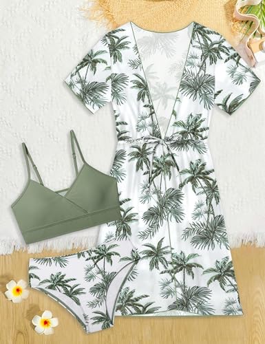 KANGKANG Girls Swimsuit 3 Piece Tropical Print Bikini Set V-Neck Bathing Suit with Drawstring Cover Up Girls' Swimwear 7-16T4