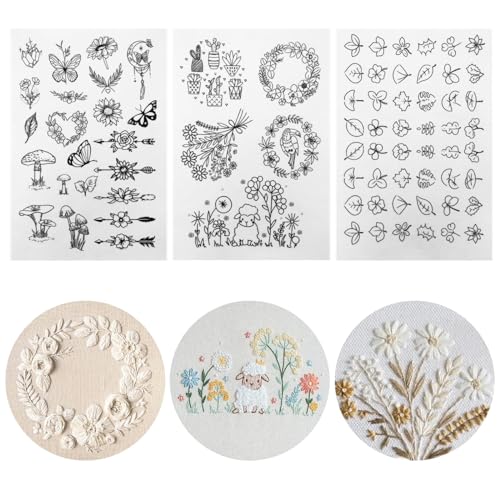 NATOSU 75 Stück Stick and Stitch Stickpapier-Designs,wasserlöslicher Stabilisator für Stickmuster,selbstklebendes Stick Transferpapier mit vorgedrucktem Blumenblatt Schmetterling zum Handnähen