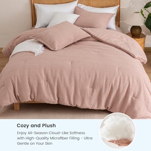 Image of PHF Soft Waffle Comforter Set Queen Size- Comfy Breathable Waffle Weave Comforter with 2 Pillow Shams, 3 Pieces Less Snagging Lightweight Textured Bedding Set for All Season, Rose Pink