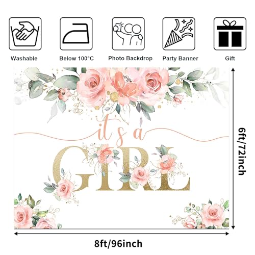 Avezano Blush Pink Floral Baby Shower Backdrop for Girls Baby Shower Photography Background It's a Girl Baby Shower Decorations Sweet Girl's Blush Pink Party Photoshoot Backdrops (8x6ft)