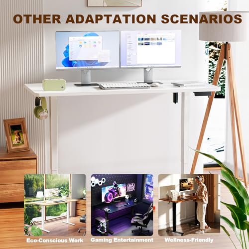Image of Veken 55 Inch Large Electric Standing Desk,Sit to Stand Up, Heights Adjustable, Work Home Office Computer Table for Study, Walking Pad, Writing, and Games, Wooden Desktop Desks, White