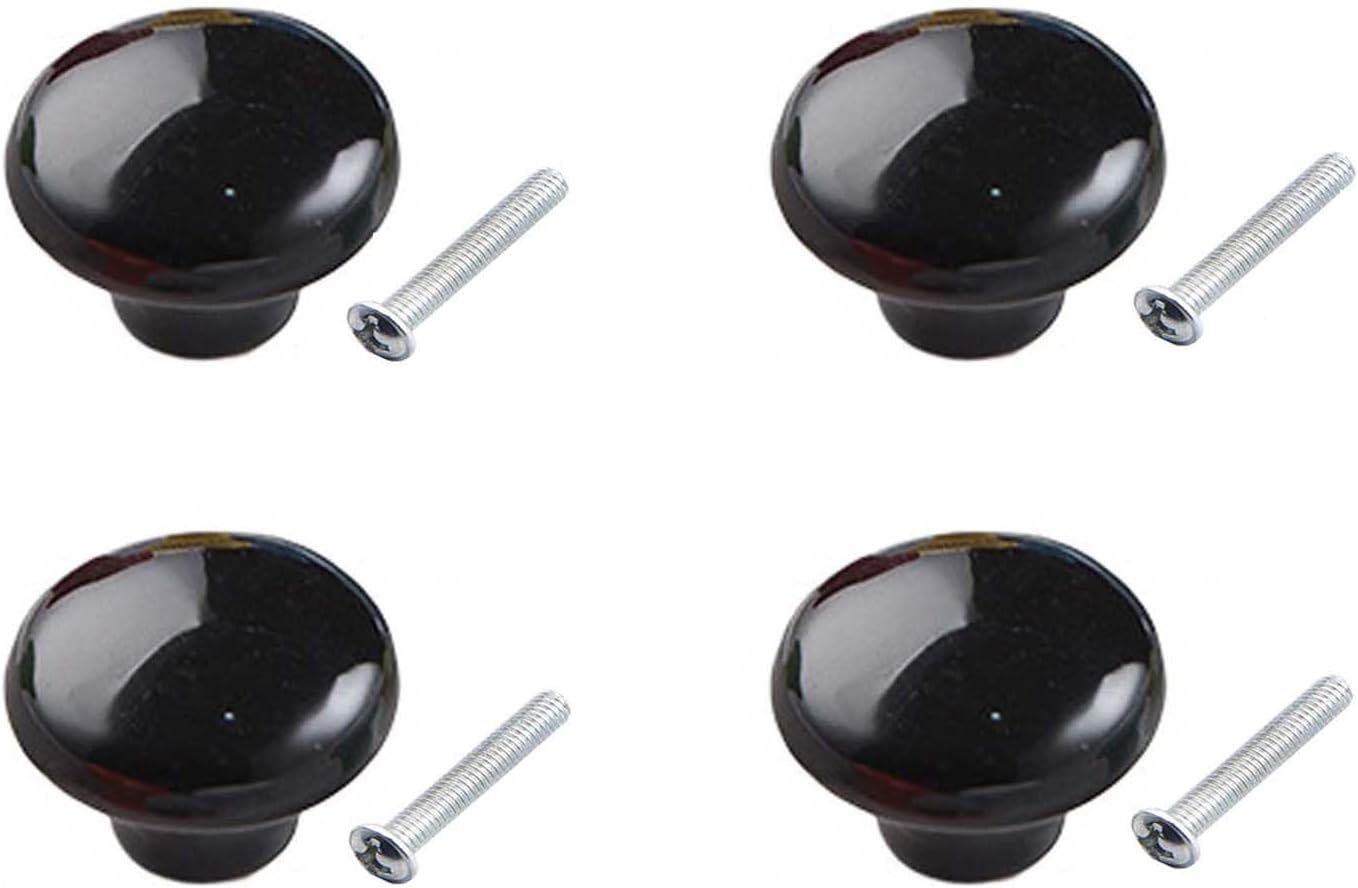 4 Pack Black Ceramic Knobs - Round Colored Drawer Handles for Kitchen Cabinets, Dresser & Wardrobe Door Hardware (Set of 4)