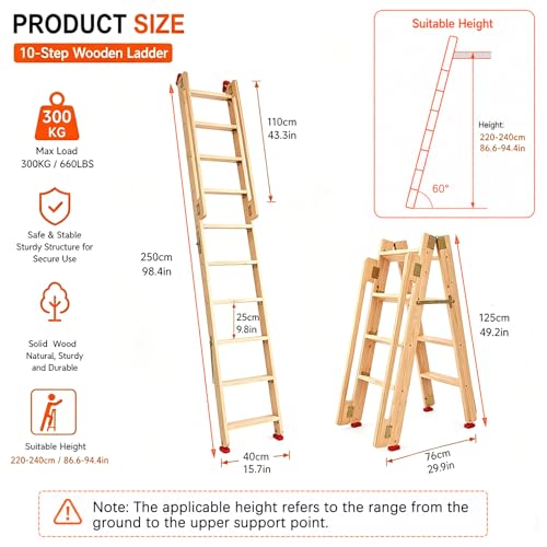 Image of 8.2ft Folding Wooden Loft Ladder, 10 Steps Rolling Library Ladder with Dual Handrails, Industrial Style SolidWood Step Ladder, Portable Loft Attic Ladder, 660LBS, for Attic, Warehouse, Library