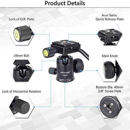 Rotule de Trépied avec Poignée, D30 Rotule Tout Métal CNC Monopode Panoramique Support de Caméra avec Deux Plaques de Dégagement Rapide de 1/4, Charge Maximale 22lbs/10kg