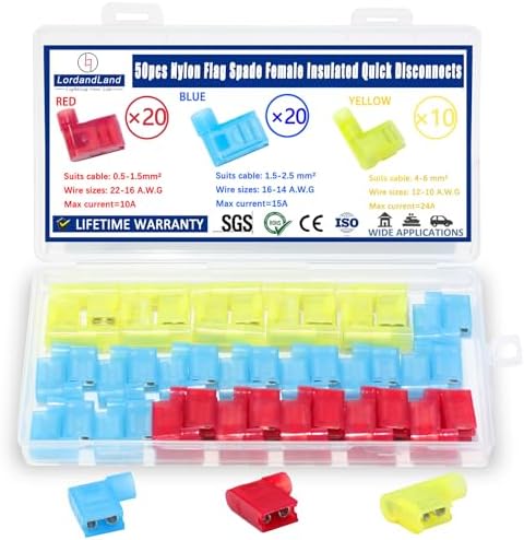 50pcs Nylon Flag Spade Female Insulated Quick Disconnects 22-18/16-14/12-10AWG Right Angle Spade Connector Red/Yellow/Blue 90 Degree Wire Terminal Connector