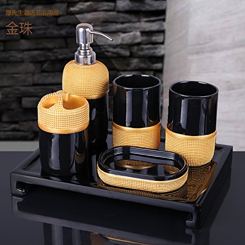 HJKY bathroom accessories set Continental Bath 5 piece bathroom vanity kit toothbrush do the brushing for couples cup Cup rinsing cup kit home, glossy black Kim Joo + bow Tray