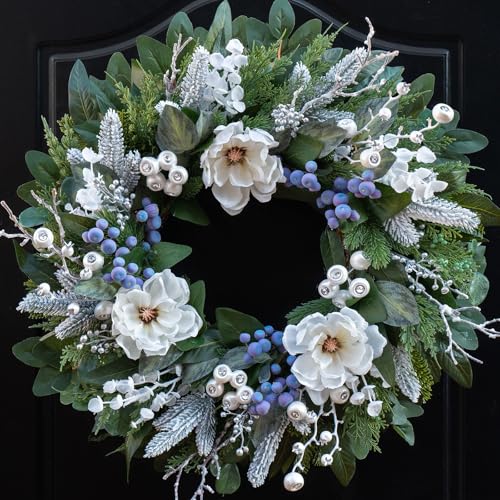 Winter Wreaths for Front Door 24 Inch Christmas & Winter Door Wreath with White Flowers, Blue Berries, Eucalyptus, Outdoor Christmas Wreath, Holiday Winter Home Décor