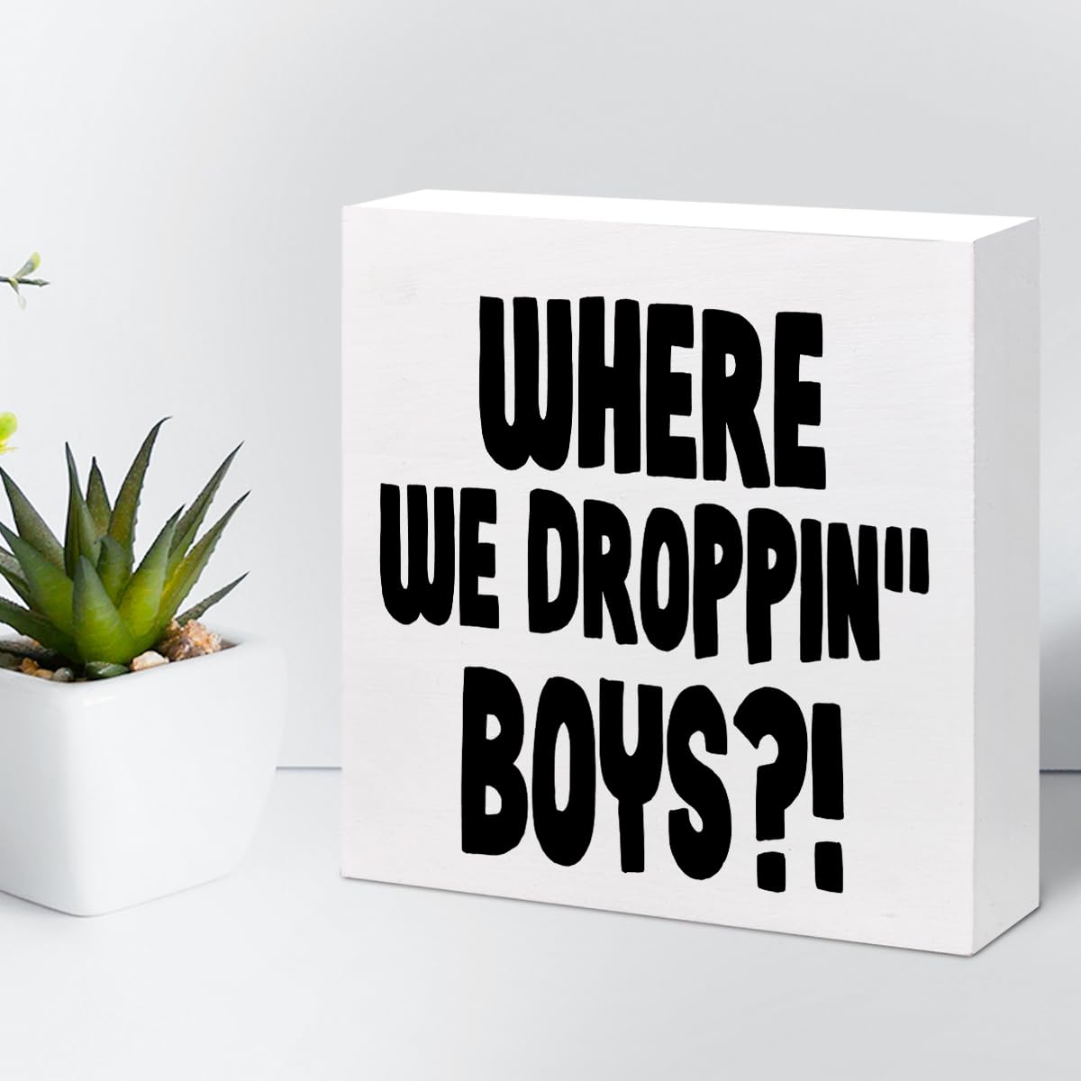 Cartel divertido para videojuegos, con texto en inglés Where We Dropping Boys (Where We Dropping Boys) con cita de videojuegos, caja de madera, placa de bloques, decoración de escritorio para el 5