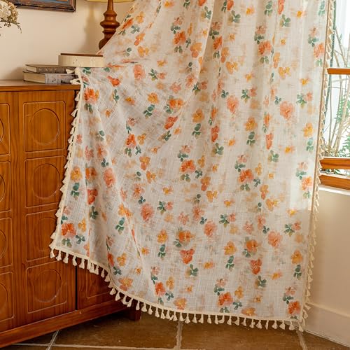 Image of MYSKY HOME Floral Boho Linen Curtains 84 inch Long 2 Panels Set Farmhouse Vintage Orange Printed Semi Sheer Light Filtering Spring Window Drapes With Tassels Back Tab for Living Room Bedroom, W50 inch