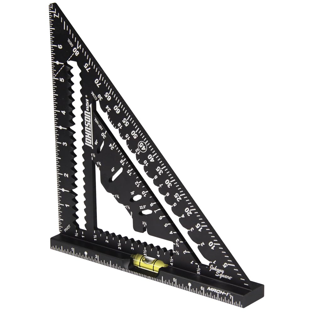 Johnson Level & Tool 1904-0700V Johnny Square MACH-1 Smart Mark Rafter Square de 7-1/4 pulgadas con vial nivelador, negro