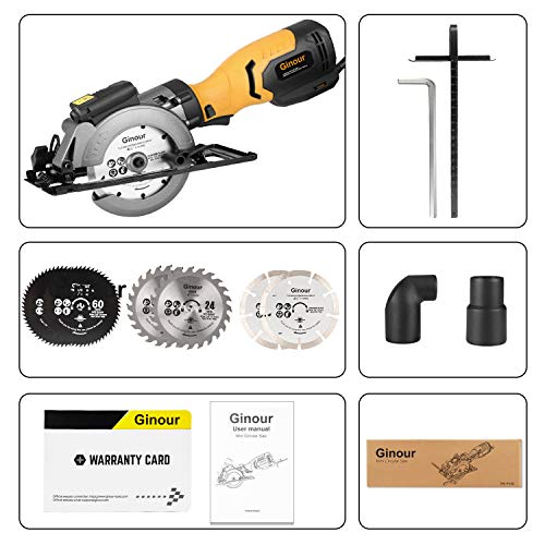 Circular Saw, Ginour 6.2A Mini Circular Saw with Laser Guide, 6 Blades(2 pcs 5\" & 4 pcs 4-1/2”), Max Cutting Depth 1-7/8\'\'(90°), 1-5/16\'\'(45°), Ideal for Wood, Tile, Backerboard, Cement, Drywall