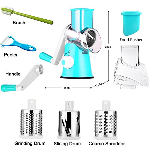 Vegetable Mandoline Slicer, 3 In 1 Round Veggie Chopper Fruit Cutter Cheese Shredder Rotary Drum Grater With 3 Stainless Steel Blades,1 Julienne Peeler And 1 Brush. #TOP2