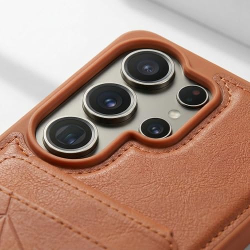 Image of amazon basics Premium Vegan Leather Back Cover with Card Holder and Integrated Mobile Stand for Samsung Galaxy S25 Ultra 5G - Slim Shockproof Wallet Case with Geometric Stitching [Tan]