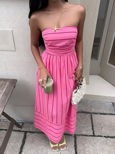 Image of Milumia Women's Striped Strapless Maxi Dress Summer Casual Tube Top Long Dresses with Pocket